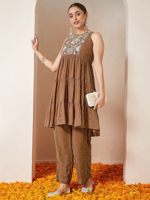 Janasya Women's Brown Georgette Embellished Tiered Kurta With Palazzo Set